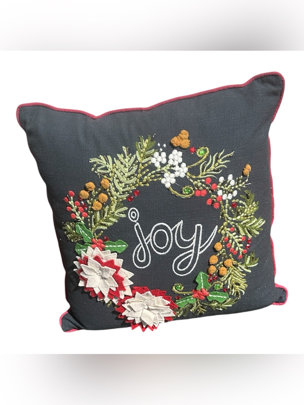 Pier 1 Embroidered Christmas Holiday Throw Pillow Holly Berry Joy Wreath 16"